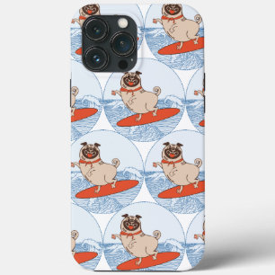 Wave riding happy pug dog on surfboard  scarf band iPhone 13 pro max case