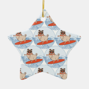 Wave riding happy pug dog on surfboard  scarf band ceramic ornament