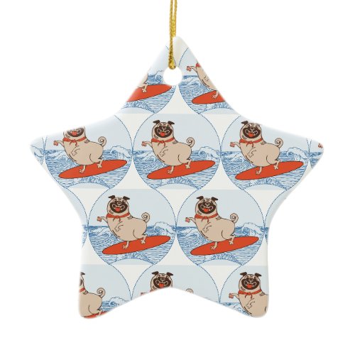 Wave riding happy pug dog on surfboard  scarf band ceramic ornament