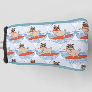 Wave riding happy pug dog on surfboard scarf band golf head cover