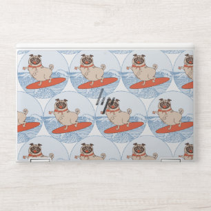 Wave riding happy pug dog on surfboard scarf band HP laptop skin