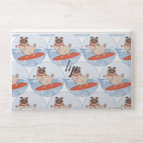 Wave riding happy pug dog on surfboard  scarf band HP laptop skin