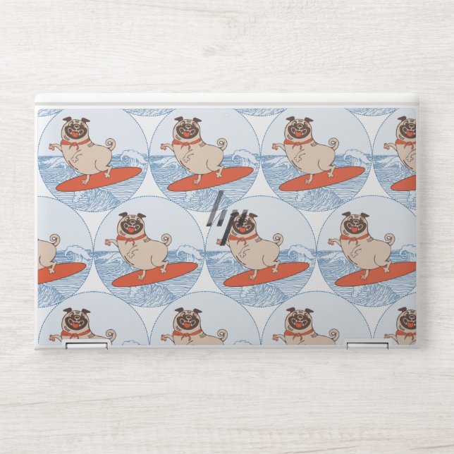 Wave riding happy pug dog on surfboard  scarf band HP laptop skin (Front)