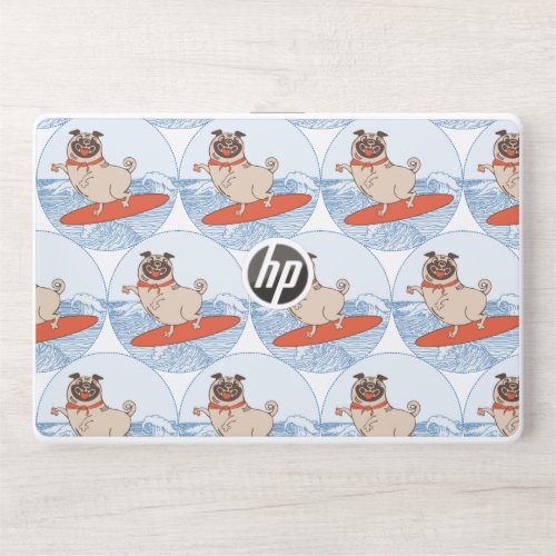 Wave riding happy pug dog on surfboard  scarf band HP laptop skin