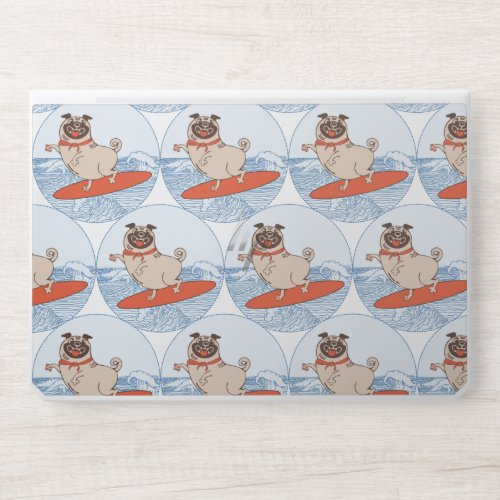 Wave riding happy pug dog on surfboard  scarf band HP laptop skin