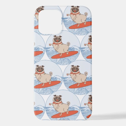 Wave riding happy pug dog on surfboard  scarf band iPhone 12 case