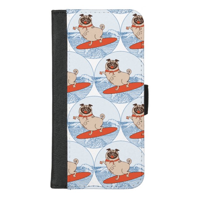 Wave riding happy pug dog on surfboard  scarf band iPhone wallet case (Front)