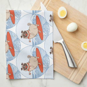 Wave riding happy pug dog on surfboard  scarf band kitchen towel