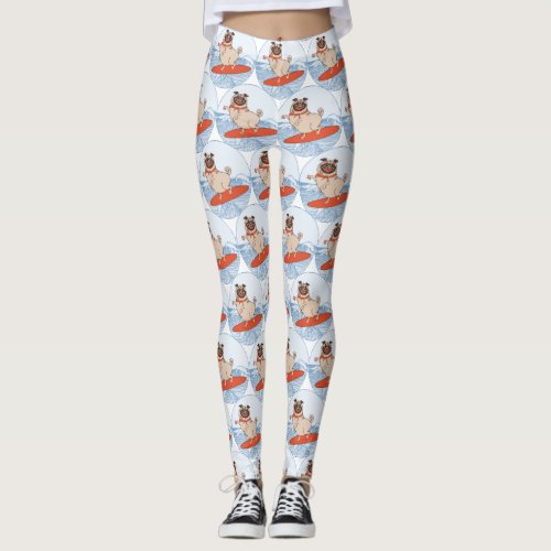 Wave riding happy pug dog on surfboard  scarf band leggings