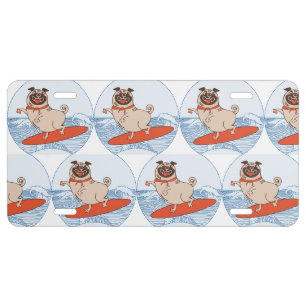 Wave riding happy pug dog on surfboard scarf band license plate