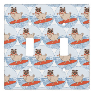 Wave riding happy pug dog on surfboard scarf band light switch cover
