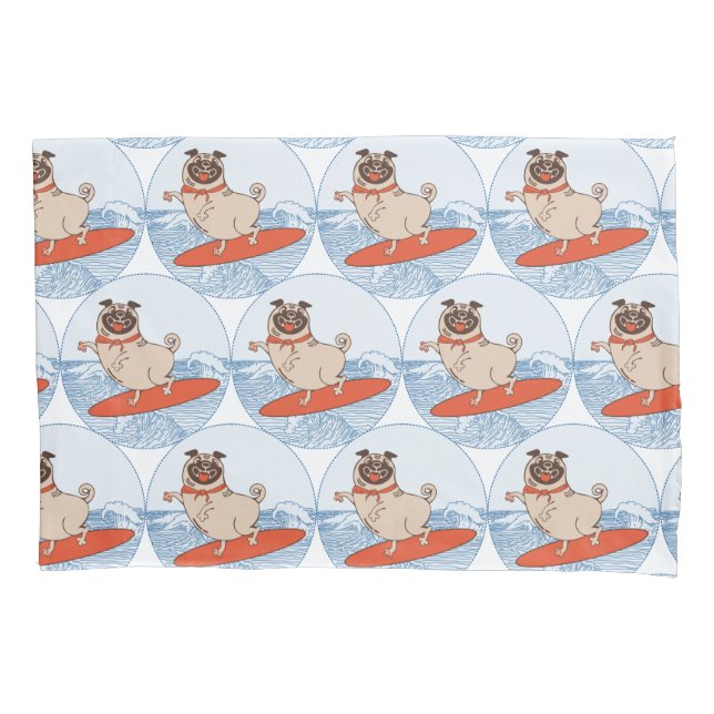 Wave riding happy pug dog on surfboard  scarf band pillow case (Front-Left)