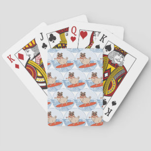 Wave riding happy pug dog on surfboard scarf band poker cards