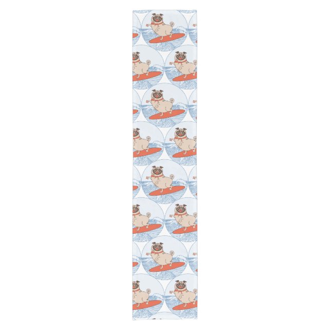 Wave riding happy pug dog on surfboard  scarf band short table runner (Front)
