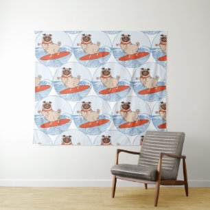 Wave riding happy pug dog on surfboard  scarf band tapestry