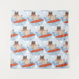 Wave riding happy pug dog on surfboard  scarf band tapestry