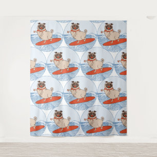 Wave riding happy pug dog on surfboard scarf band tapestry