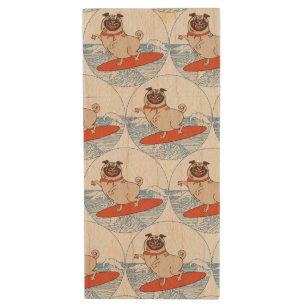 Wave riding happy pug dog on surfboard scarf band wood flash drive