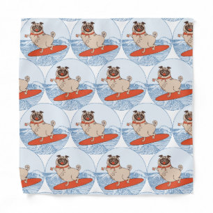 Wave riding happy pug dog on surfboard scarf bandana