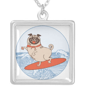 Wave riding happy pug dog on surfboard  silver plated necklace