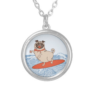 Wave riding happy pug dog on surfboard silver plated necklace