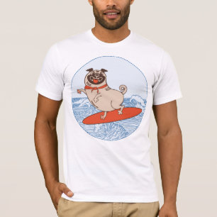Wave riding happy pug dog on surfboard  T-Shirt