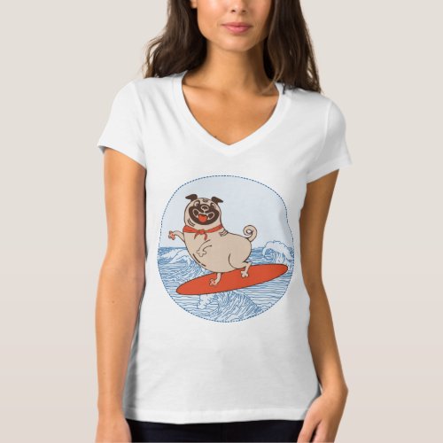 Wave riding happy pug dog on surfboard  T_Shirt
