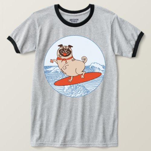 Wave riding happy pug dog on surfboard  T_Shirt