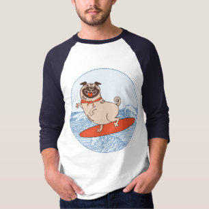 Wave riding happy pug dog on surfboard T-Shirt
