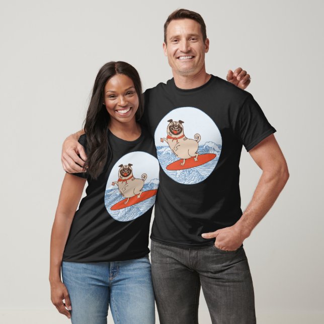 Wave riding happy pug dog on surfboard  T-Shirt (Unisex)