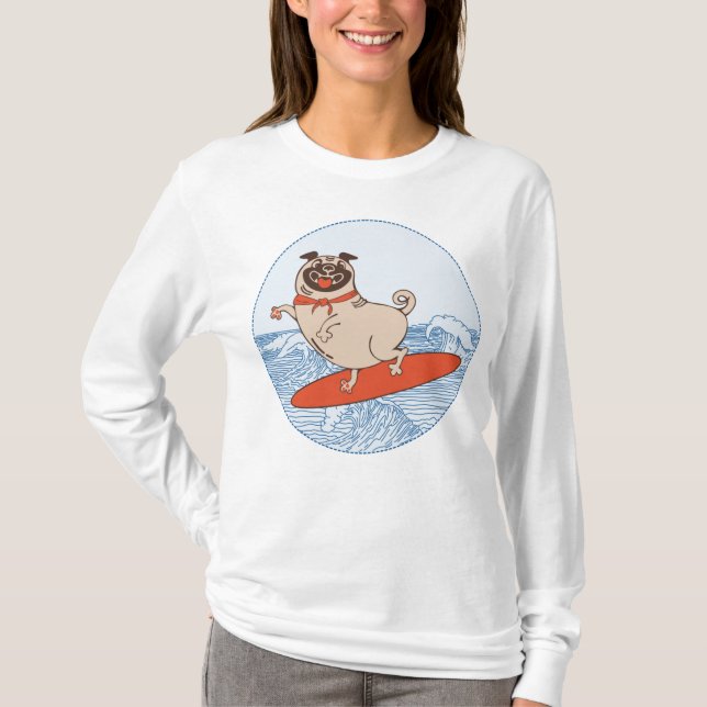 Wave riding happy pug dog on surfboard  T-Shirt (Front)