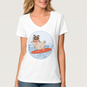 Wave riding happy pug dog on surfboard T-Shirt