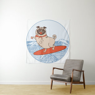Wave riding happy pug dog on surfboard tapestry