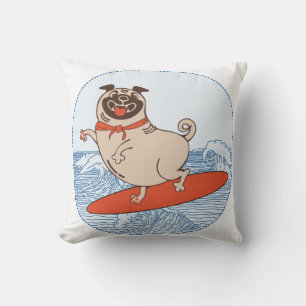 Wave riding happy pug dog on surfboard throw pillow
