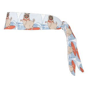 Wave riding happy pug dog on surfboard tie headband