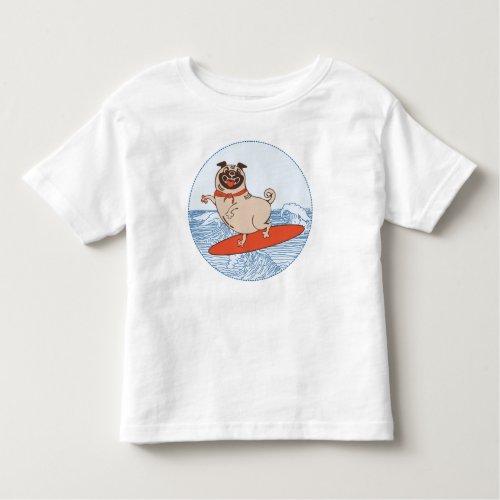 Wave riding happy pug dog on surfboard  toddler t_shirt