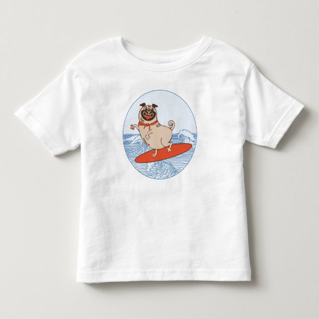 Wave riding happy pug dog on surfboard  toddler t-shirt (Front)