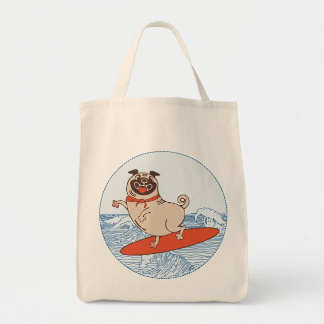 Wave riding happy pug dog on surfboard    tote bag (Front)