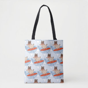 Wave riding happy pug dog on surfboard  tote bag