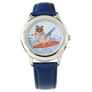 Wave riding happy pug dog on surfboard watch