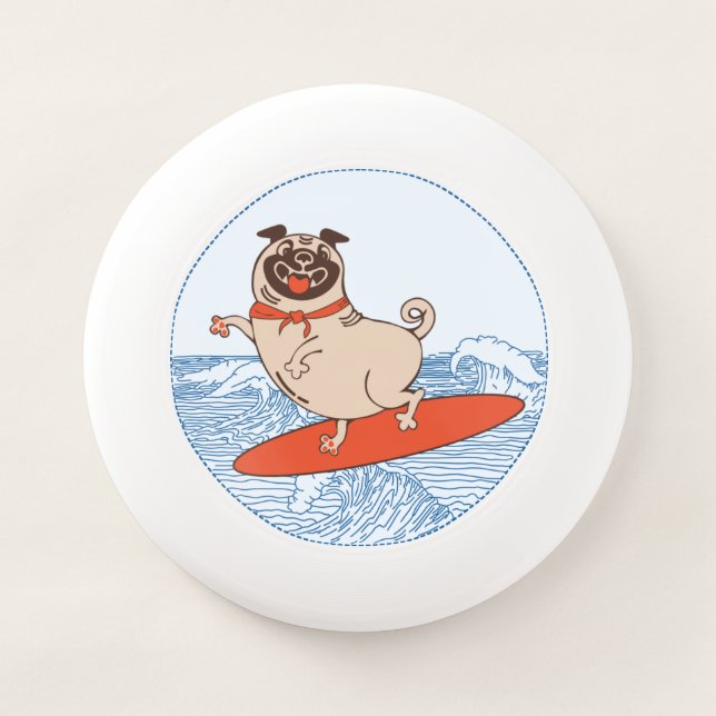 Wave riding happy pug dog on surfboard   Wham-O frisbee (Front)
