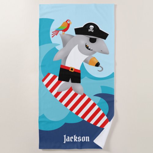 Wave Riding Surfing Shark Pirate Parrot Beach Towel