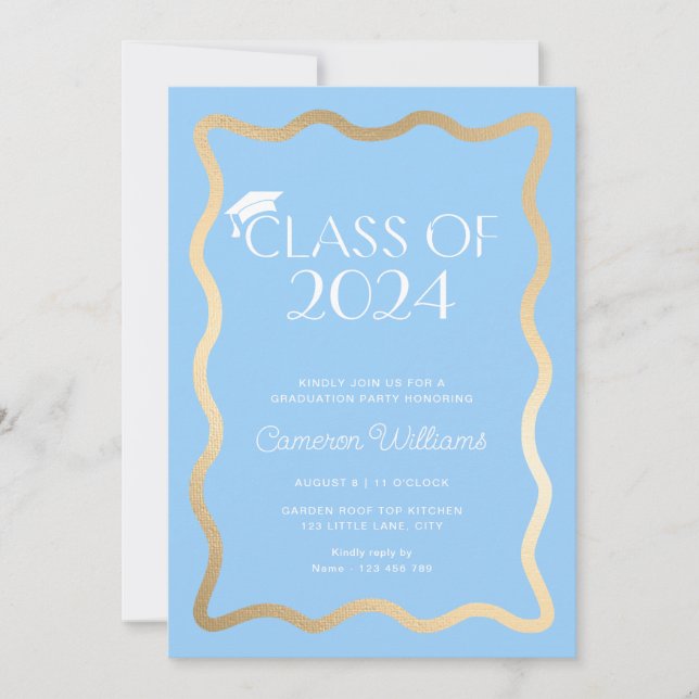 Wave Sky Blue Gold Graduation Party Invitation (Front)