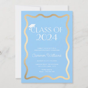 Wave Sky Blue Gold Graduation Party Invitation