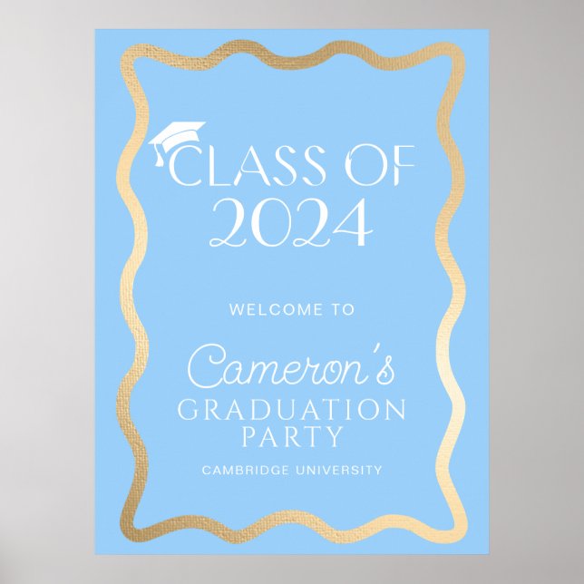 Wave Sky Blue Gold Graduation Party Welcome Poster (Front)