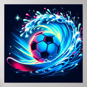 Wave Soccer Ball Futuristic Ocean Football Surf Poster