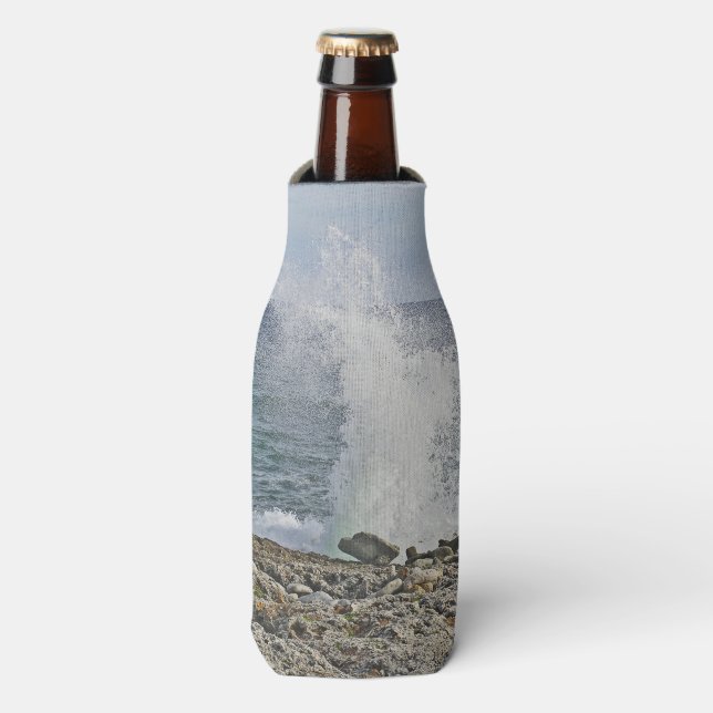 WAVE SPLASHING UPON ROCKY SHORE/THINK "REFRESHING" BOTTLE COOLER (Bottle Front)