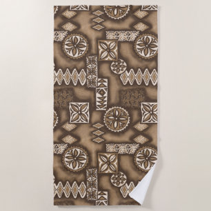 Wave Warrior Hawaiian Primitive Tapa - Brown Beach Towel