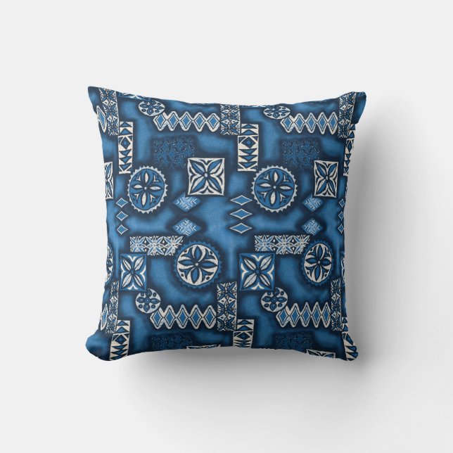 Wave Warrior Hawaiian Tapa Throw Pillow (Front)