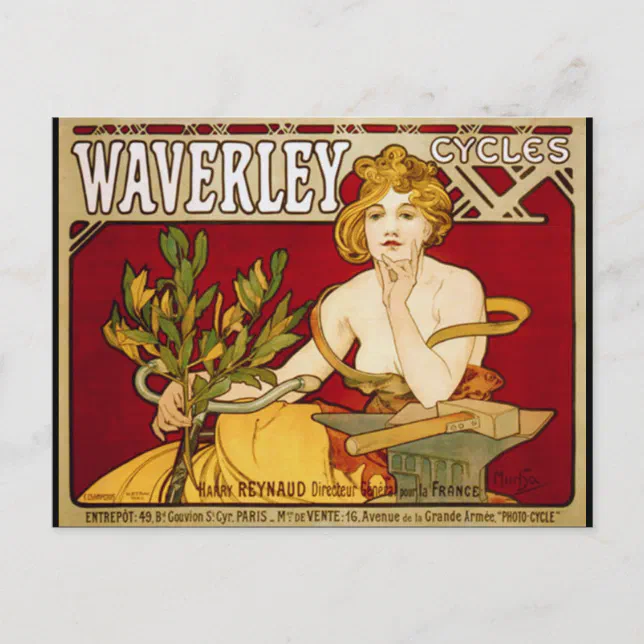 Affiche Plastifiée Cycles Waverley - Style Mucha - Neuf